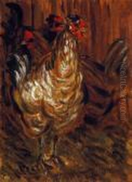 Cock And Hens Oil Painting by Jozsef Rippl-Ronai