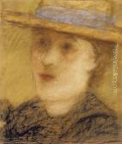 Straw - Hatted Woman Oil Painting by Jozsef Rippl-Ronai