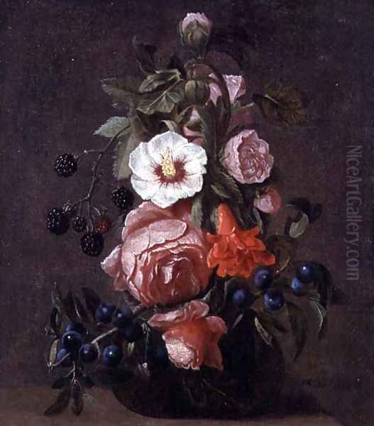 A Still Life of Mixed Flowers and Berries in a Glass Vase Oil Painting by Daniel Seghers