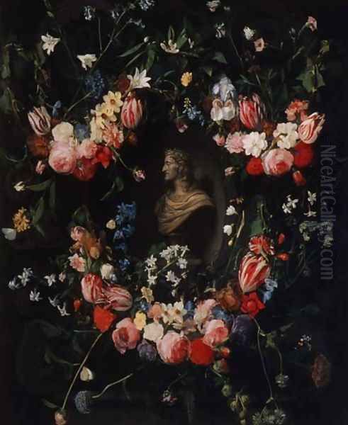 Garland of flowers surrounding a marble bust of Archduke Leopold Guglielmo, c.1647 Oil Painting by Daniel Seghers