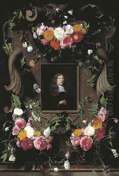 A cartouche surrounded by garlands of roses, thistle, holly and other flowers and butterflies with a later portrait of a gentleman, seated, bust-lengt Oil Painting by Daniel Seghers