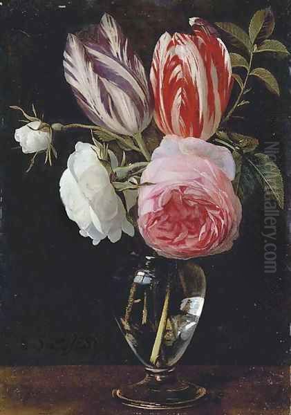 Two parrot tulips, two white roses and a pink rose in a glass vase on a wooden ledge Oil Painting by Daniel Seghers