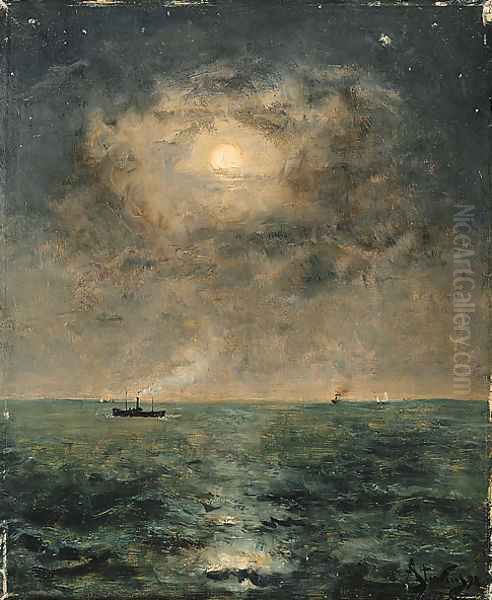 Moonlit seascape Oil Painting by Alfred Stevens