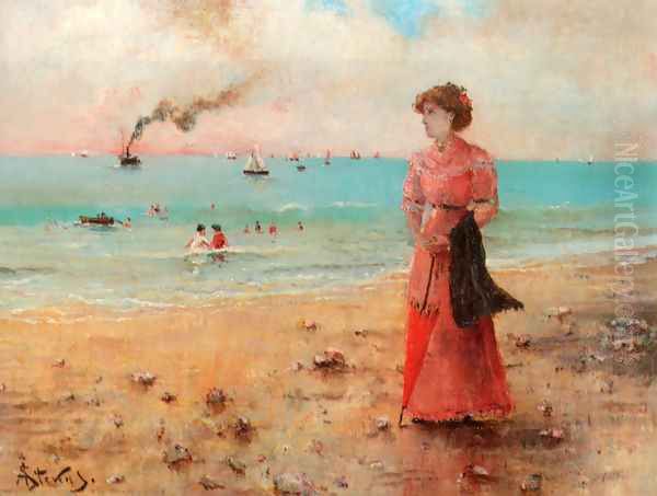 Jeune femme a l'ombrelle rouge au bord de la mer Oil Painting by Alfred Stevens