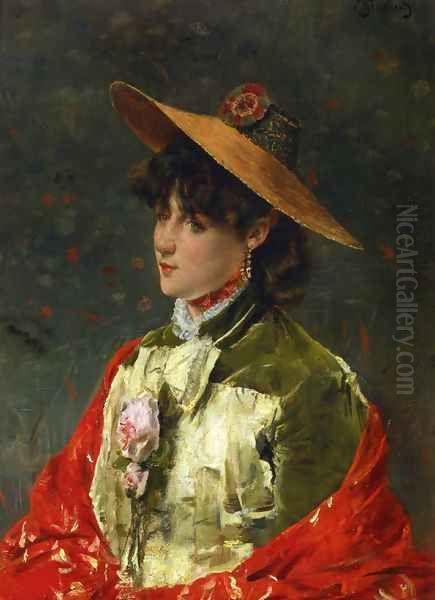 Woman in a Straw Hat Oil Painting by Alfred Stevens