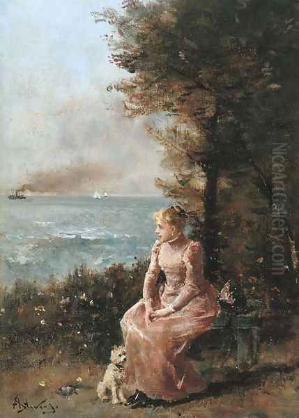 A Young Girl Seated by a Tree Oil Painting by Alfred Stevens