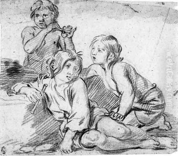 Three boys playing the flute Oil Painting by Giovanni Andrea Sirani