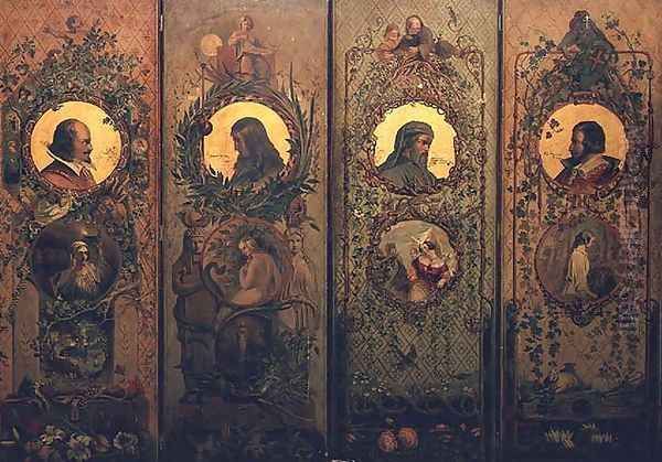 A four leaf screen with portraits of Shakespeare, Milton, Chaucer and Spenser Oil Painting by William Bell Scott