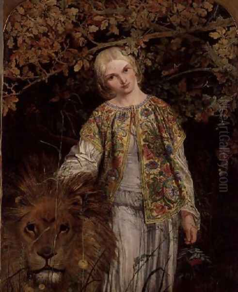 Una and the Lion, exh. 1860 Oil Painting by William Bell Scott