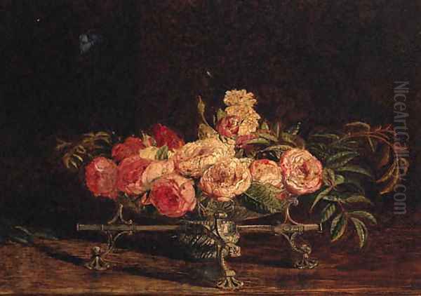 Pink and white Roses in an 18th Century Silver Dish-cros Oil Painting by William Bell Scott