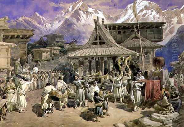 Puja at Chini Bashahr, Himalayas, c.1859-66 Oil Painting by William Simpson