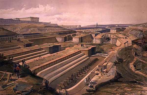 Docks at Sebastopol, plate from The Seat of War in the East, pub. by Paul and Dominic Colnaghi and Co., 1856 Oil Painting by William Simpson