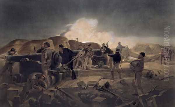 A Hot Night in the Batteries, plate from The Seat of War in the East, pub. by Paul and Dominic Colnaghi and Co., 1856 Oil Painting by William Simpson