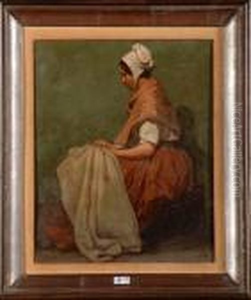 Jeune Fille A La Couture Oil Painting by Louis Marie Dominique Romain Robbe