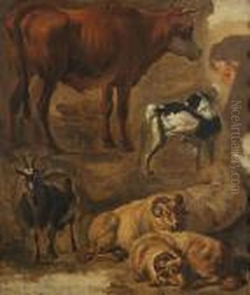 Studie Voor Koe, Hond, Drie Schapen En Geit Oil Painting by Louis Marie Dominique Romain Robbe