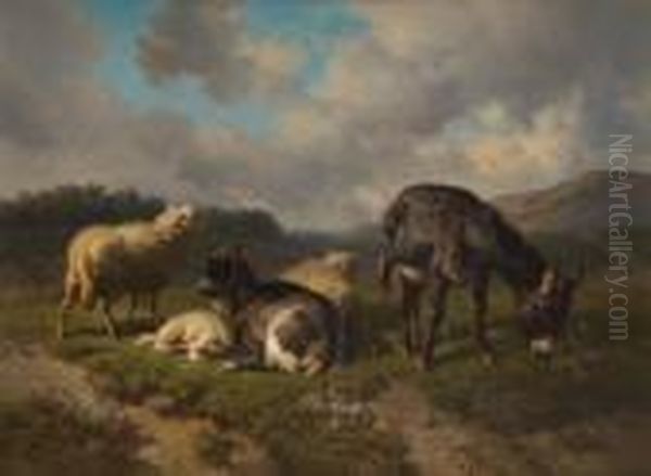 Moutons Et Chevre Surfond De Paysage Oil Painting by Louis Marie Dominique Romain Robbe