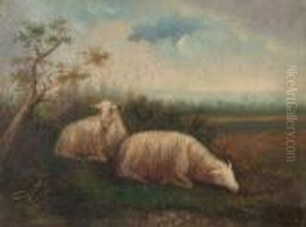 Moutons A La Prairie Oil Painting by Louis Marie Dominique Romain Robbe