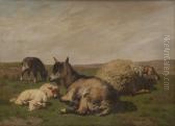 Bouc Et Moutons Sur Fond Depaysage Oil Painting by Louis Marie Dominique Romain Robbe