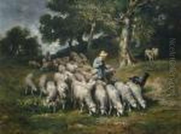 Flock Of Sheep In A Landscape Oil Painting by Louis Marie Dominique Romain Robbe