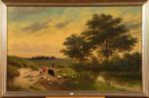 Paysan Et Son Troupeau Au Bord De La Riviere Oil Painting by Louis Marie Dominique Romain Robbe