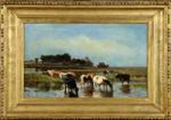 Vaches S'abreuvant Oil Painting by Louis Marie Dominique Romain Robbe