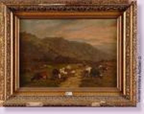 Fermiere Et Son Troupeau De Vaches Et De Moutons Oil Painting by Louis Marie Dominique Romain Robbe