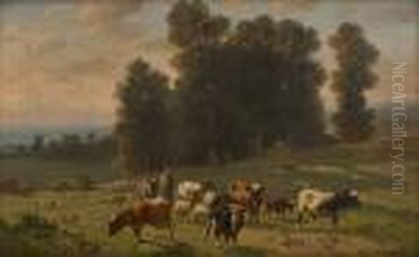 Conduite Du Troupeau Dans Un Paysage Ensoleille Oil Painting by Louis Marie Dominique Romain Robbe