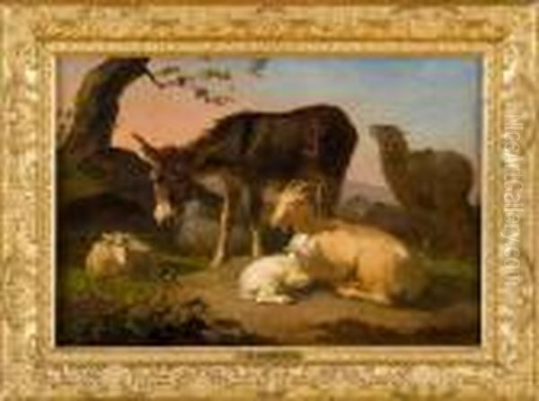 Paesaggio Con Asinello E Armenti In Riposo Oil Painting by Louis Marie Dominique Romain Robbe