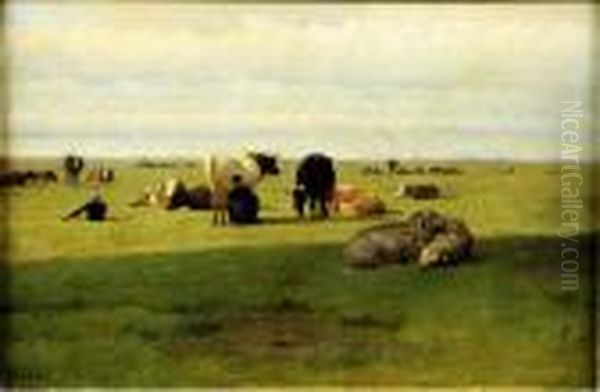 Vaches Dans Les Pres Oil Painting by Louis Marie Dominique Romain Robbe