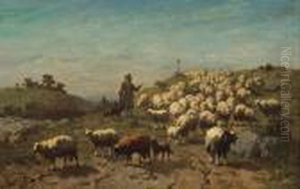 A Shepherd With His Flock Oil Painting by Louis Marie Dominique Romain Robbe