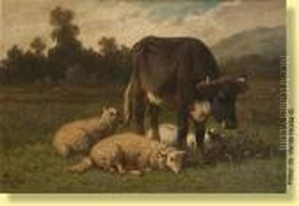 Vacheet Moutons Sur Fond De Oil Painting by Louis Marie Dominique Romain Robbe