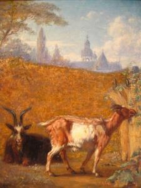 Goats In A Walled Enclosure Oil Painting by Louis Marie Dominique Romain Robbe