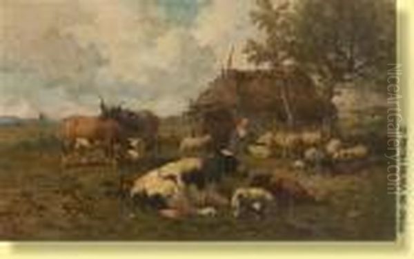 Fermiere Et Ses Troupeaux Oil Painting by Louis Marie Dominique Romain Robbe