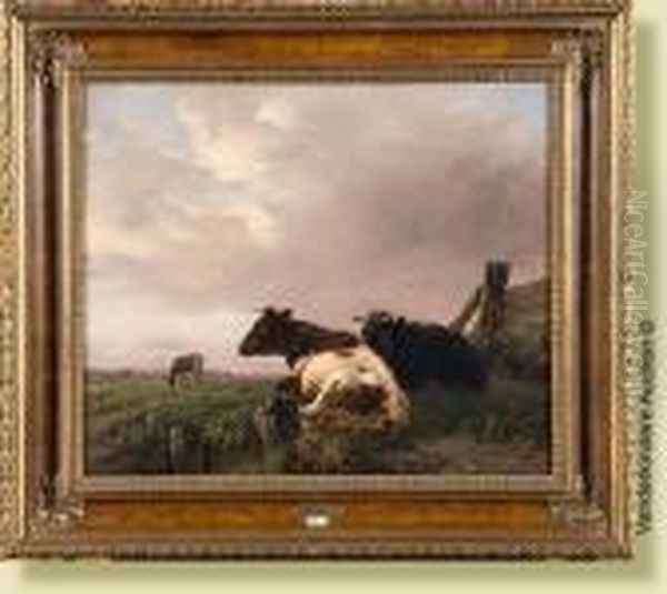 Vaches Couchees Au Pre Oil Painting by Louis Marie Dominique Romain Robbe