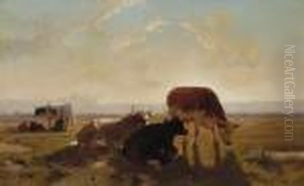 The Milking Of Thecows At Sunset Oil Painting by Louis Marie Dominique Romain Robbe