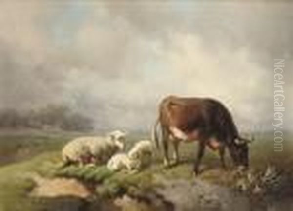 Cattle In A Summer Landscape Oil Painting by Louis Marie Dominique Romain Robbe