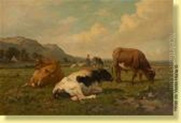 Troupeau Sur Fond De Paysage Oil Painting by Louis Marie Dominique Romain Robbe