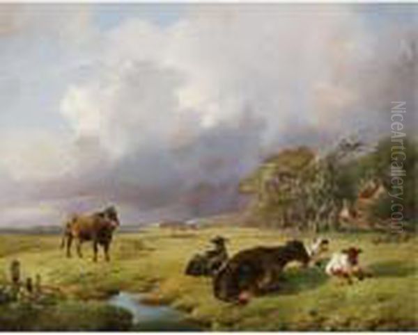 Cows In A Summer Landscape Oil Painting by Louis Marie Dominique Romain Robbe