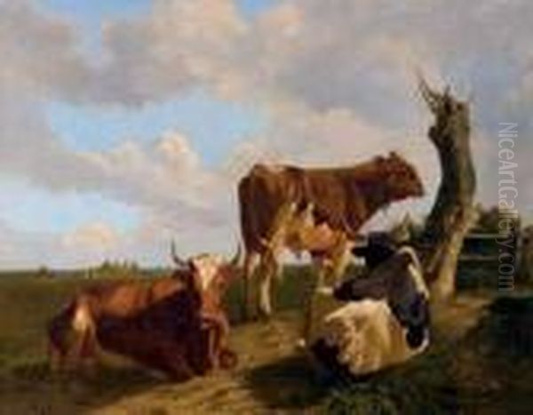 Deux Vaches Et Un Taureau Au Pre Oil Painting by Louis Marie Dominique Romain Robbe