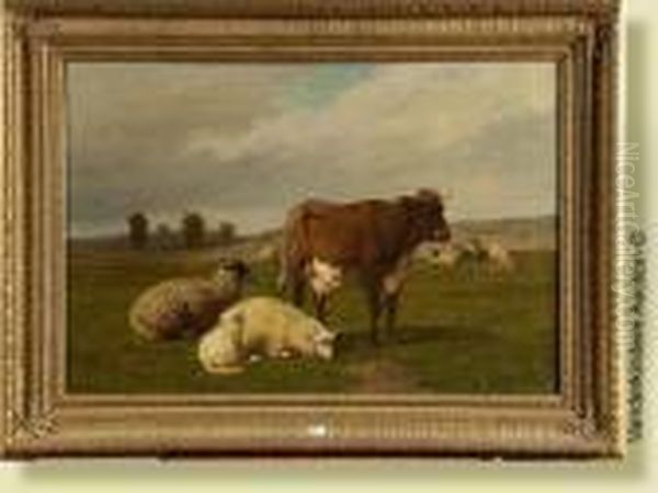 Vache Et Moutons Au Pre Oil Painting by Louis Marie Dominique Romain Robbe