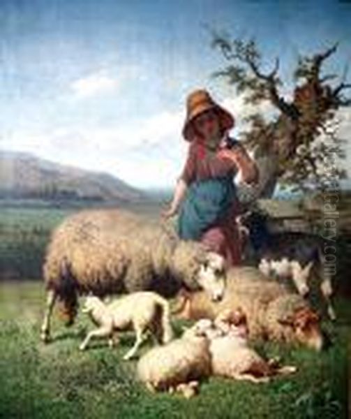 La Jeune Bergere Et Ses Moutons Oil Painting by Louis Marie Dominique Romain Robbe