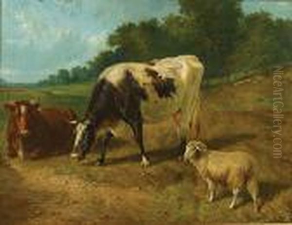 Koeien En Schaap In Een Weide. Oil Painting by Louis Marie Dominique Romain Robbe