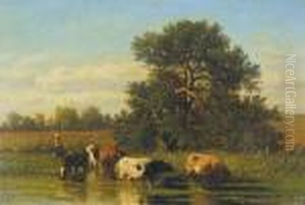 Koeien Aan De Drinkplaats (1864) Oil Painting by Louis Marie Dominique Romain Robbe