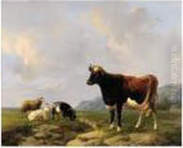 Vache Et Moutons Dans Une Prairie Oil Painting by Louis Marie Dominique Romain Robbe