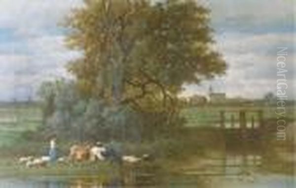 A Country Idylle Oil Painting by Louis Marie Dominique Romain Robbe