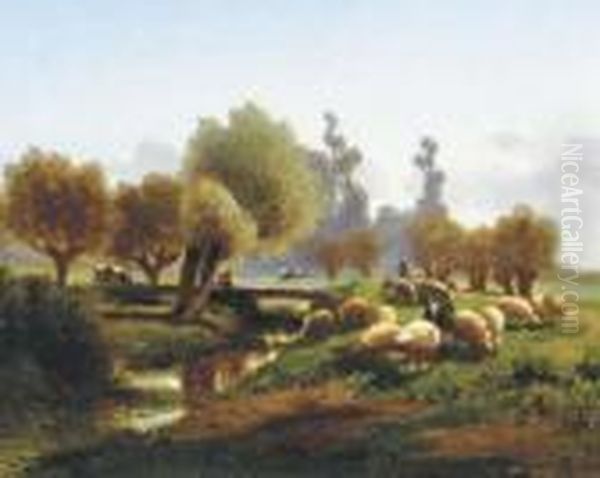 Sheep In A Meadow By A Stream Oil Painting by Louis Marie Dominique Romain Robbe