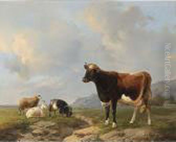 Cattle In A Summer Landscape Oil Painting by Louis Marie Dominique Romain Robbe