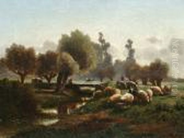 Herding Livestock Beside A River Oil Painting by Louis Marie Dominique Romain Robbe