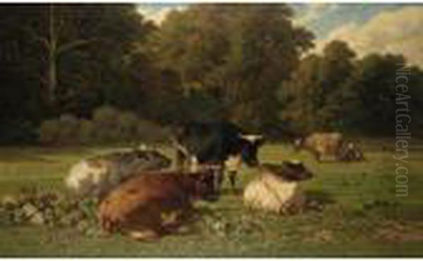 Cattle Resting In A Meadow Oil Painting by Louis Marie Dominique Romain Robbe