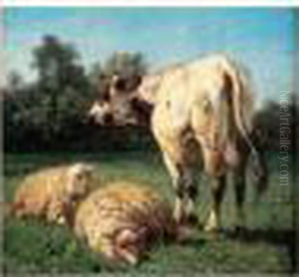 Vache Et Moutons Oil Painting by Louis Marie Dominique Romain Robbe